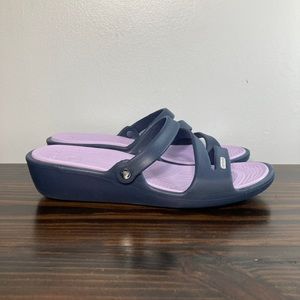 Crocs Patricia Navy Blue Purple Low Wedge Heels Womens Size 11